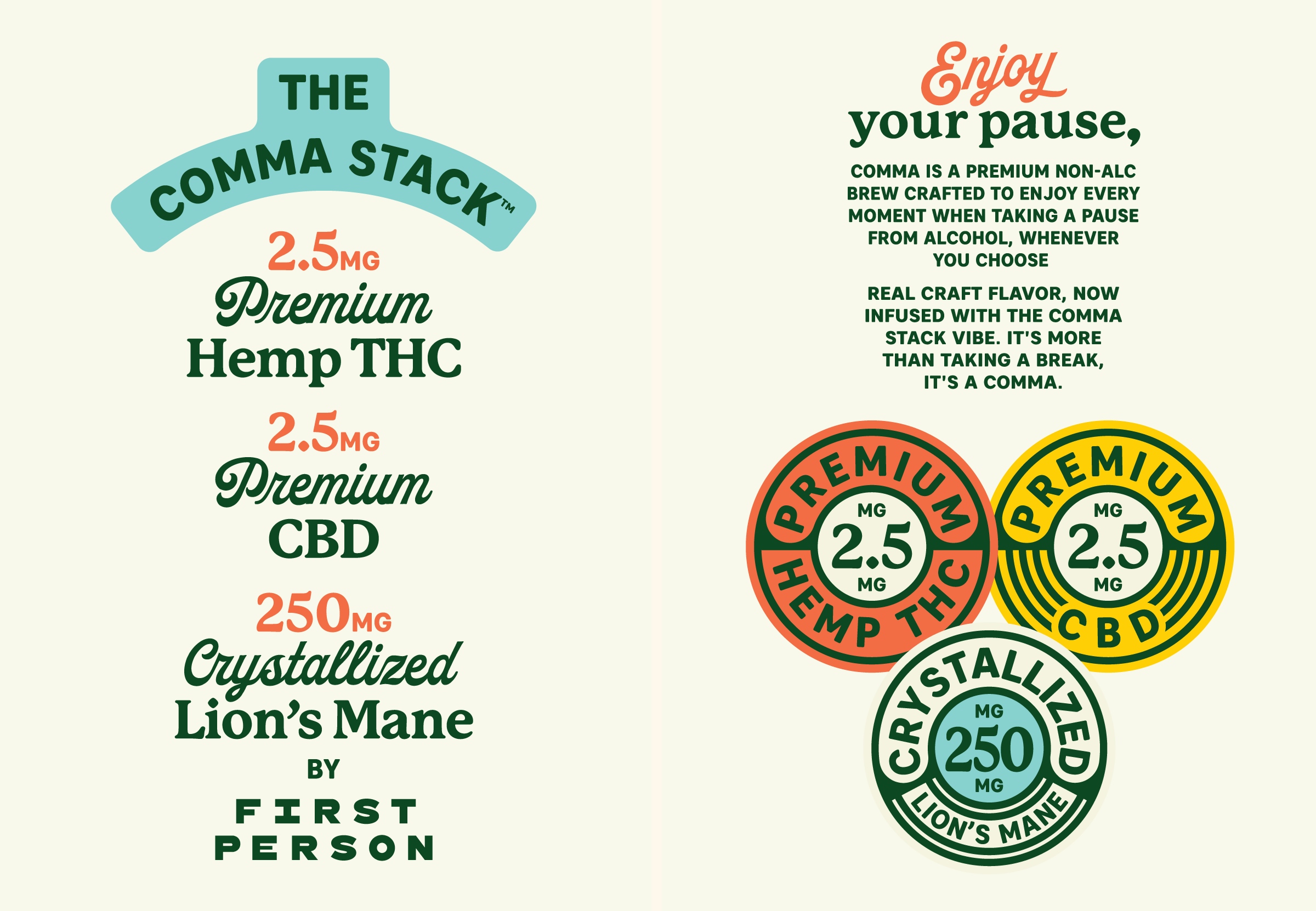 The "Comma Stack" formulation for Comma, a new THC-infused NA beer. Branding by CODO Design.